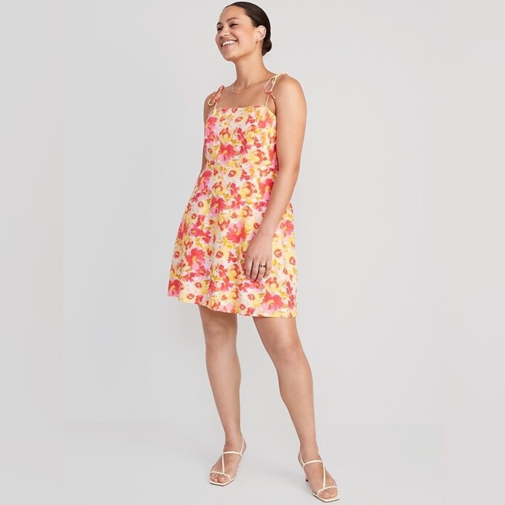 Old Navy Floral Watercolor Fit & Flare Tie Shoulder Linen Blend Dress L Smocked